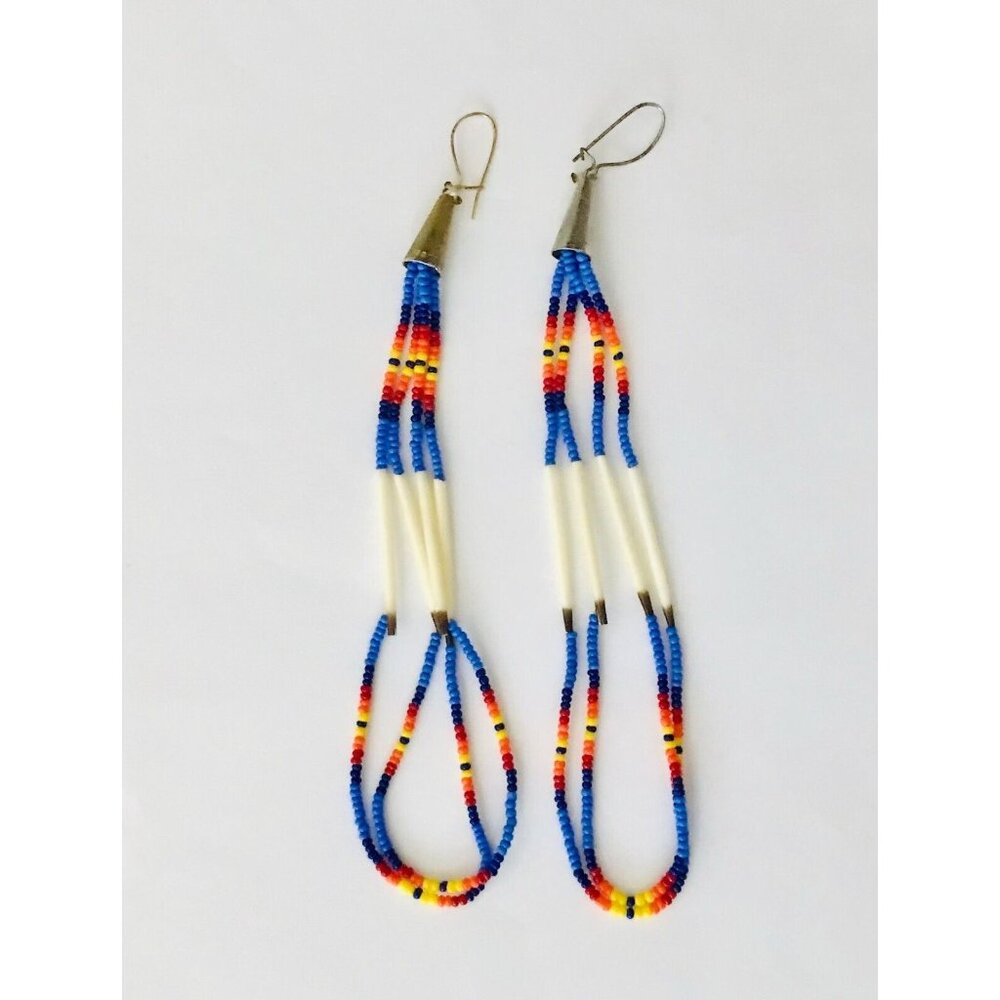 Beaded Dangle Earrings Seed Beads Handmade Hooks Native American Blue Orange